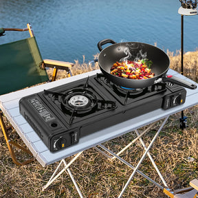 Fogão portátil a gás GLP com ignição piezoelétrica e estrutura compacta. Ideal para camping, viagens e uso emergencial com segurança.