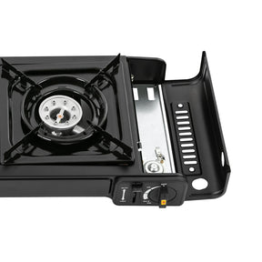 Fogão portátil a gás GLP com ignição piezoelétrica e estrutura compacta. Ideal para camping, viagens e uso emergencial com segurança.