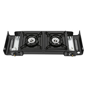 Fogão portátil a gás GLP com ignição piezoelétrica e estrutura compacta. Ideal para camping, viagens e uso emergencial com segurança.