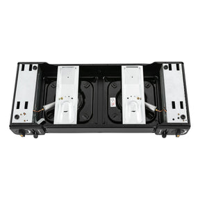 Fogão portátil a gás GLP com ignição piezoelétrica e estrutura compacta. Ideal para camping, viagens e uso emergencial com segurança.