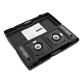 Fogão portátil a gás GLP com ignição piezoelétrica e estrutura compacta. Ideal para camping, viagens e uso emergencial com segurança.