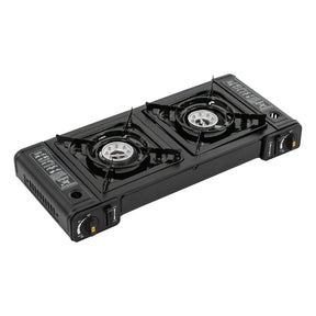 Fogão portátil a gás GLP com ignição piezoelétrica e estrutura compacta. Ideal para camping, viagens e uso emergencial com segurança.