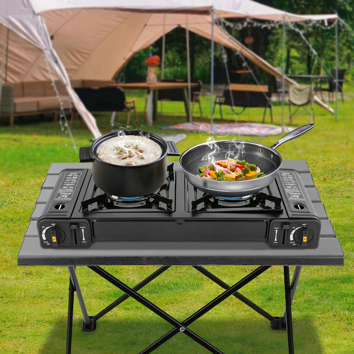 Fogão portátil a gás GLP com ignição piezoelétrica e estrutura compacta. Ideal para camping, viagens e uso emergencial com segurança.