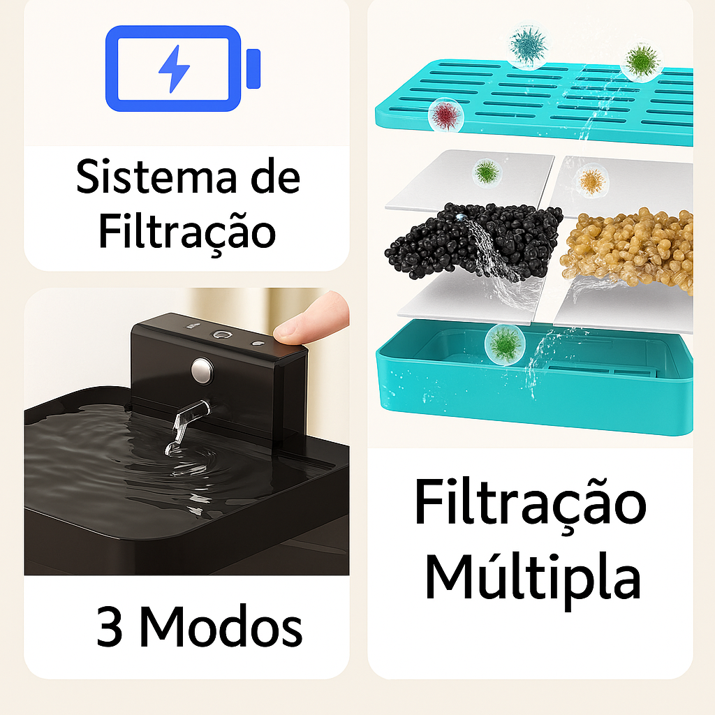 Fonte automática ROJECO sem fio, com sensor de presença e filtragem tripla. Ideal para manter cães e gatos sempre hidratados com água fresca.