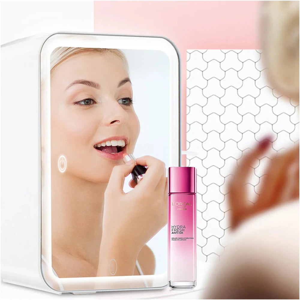 Mini geladeira skincare com LED para conservar cosméticos, cremes e máscaras com elegância e temperatura ideal