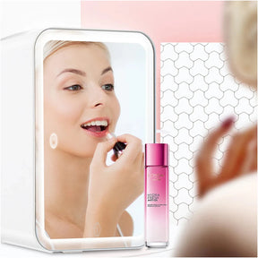 Mini geladeira skincare com LED para conservar cosméticos, cremes e máscaras com elegância e temperatura ideal