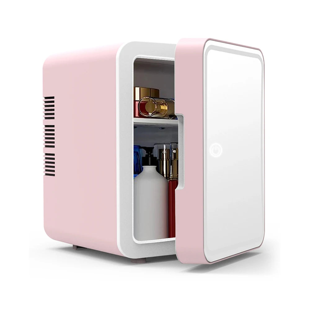 Mini geladeira skincare com LED para conservar cosméticos, cremes e máscaras com elegância e temperatura ideal