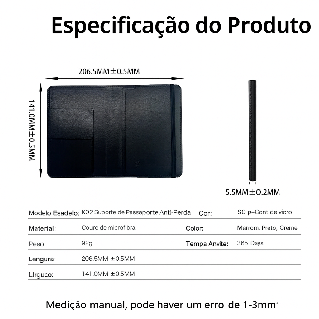 GPS rastreador para passaporte e documentos compatível com Apple e Android.