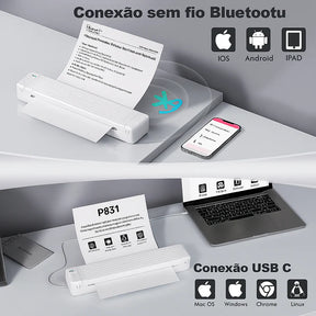 Impressora portátil A4 Bluetooth compatível com Android, iOS e Windows.