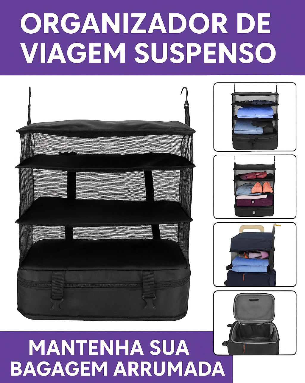 Kit de viagem com organizador de mala compacto que otimiza espaço.

