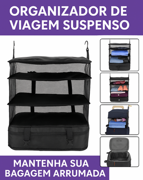 Kit de viagem com organizador de mala compacto que otimiza espaço.

