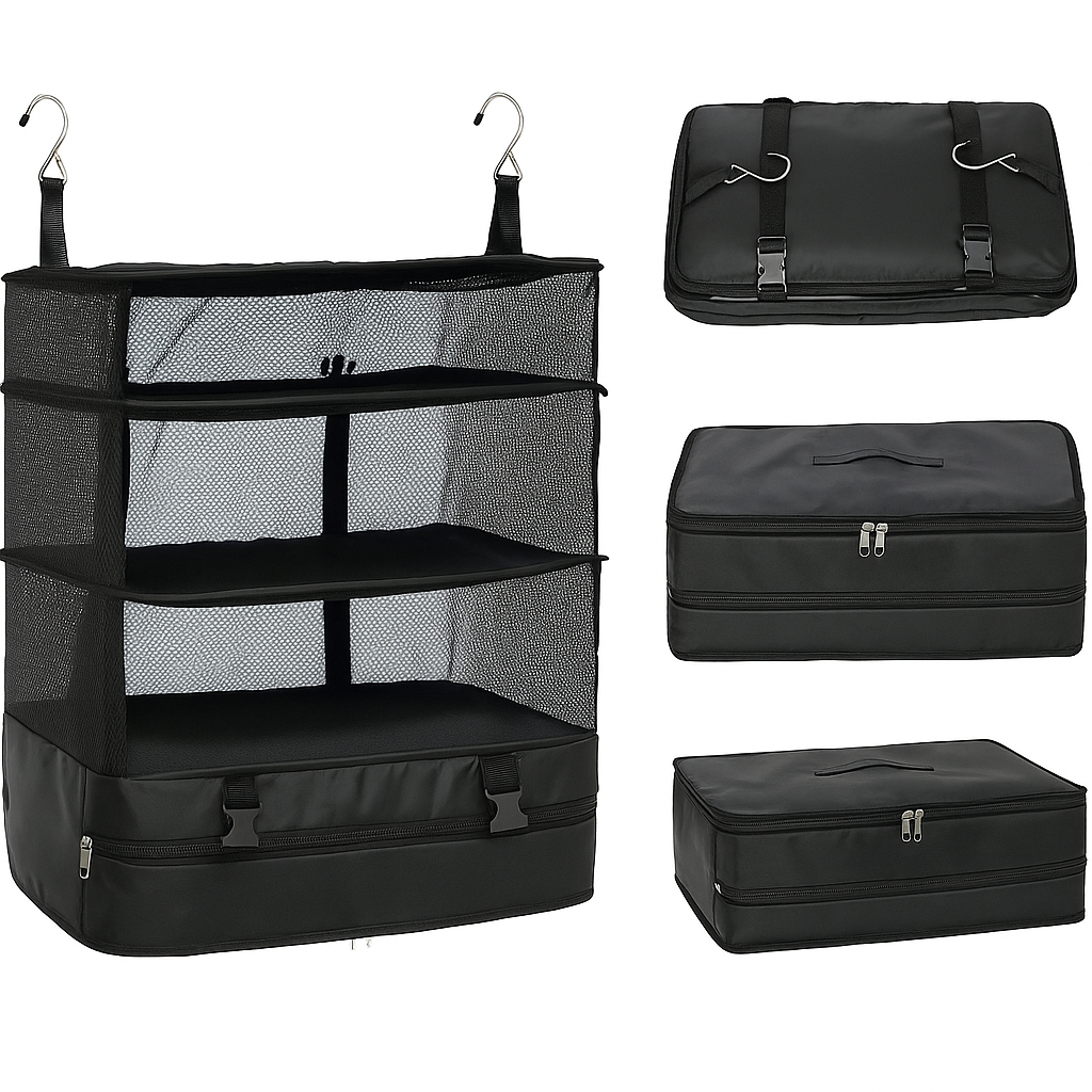 Kit de viagem com organizador de mala compacto que otimiza espaço.

