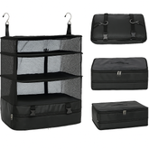 Kit de viagem com organizador de mala compacto que otimiza espaço.
