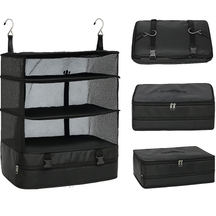 Kit de viagem com organizador de mala compacto que otimiza espaço.
