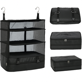 Kit de viagem com organizador de mala compacto que otimiza espaço.

