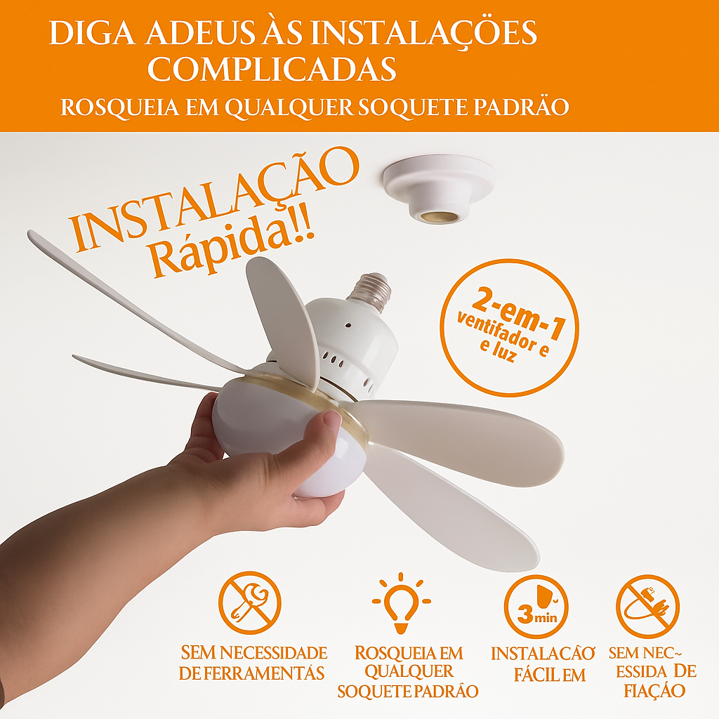 Lâmpada ventilador de teto com controle remoto e instalação no bocal E27.