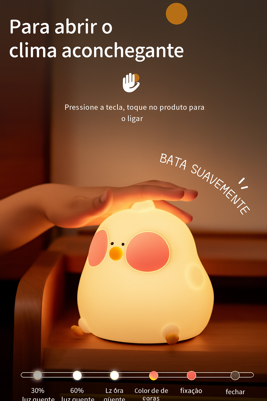 Luminária LED Galinha em silicone branco, luz quente, toque interativo, perfeita para quartos infantis, segura e divertida.