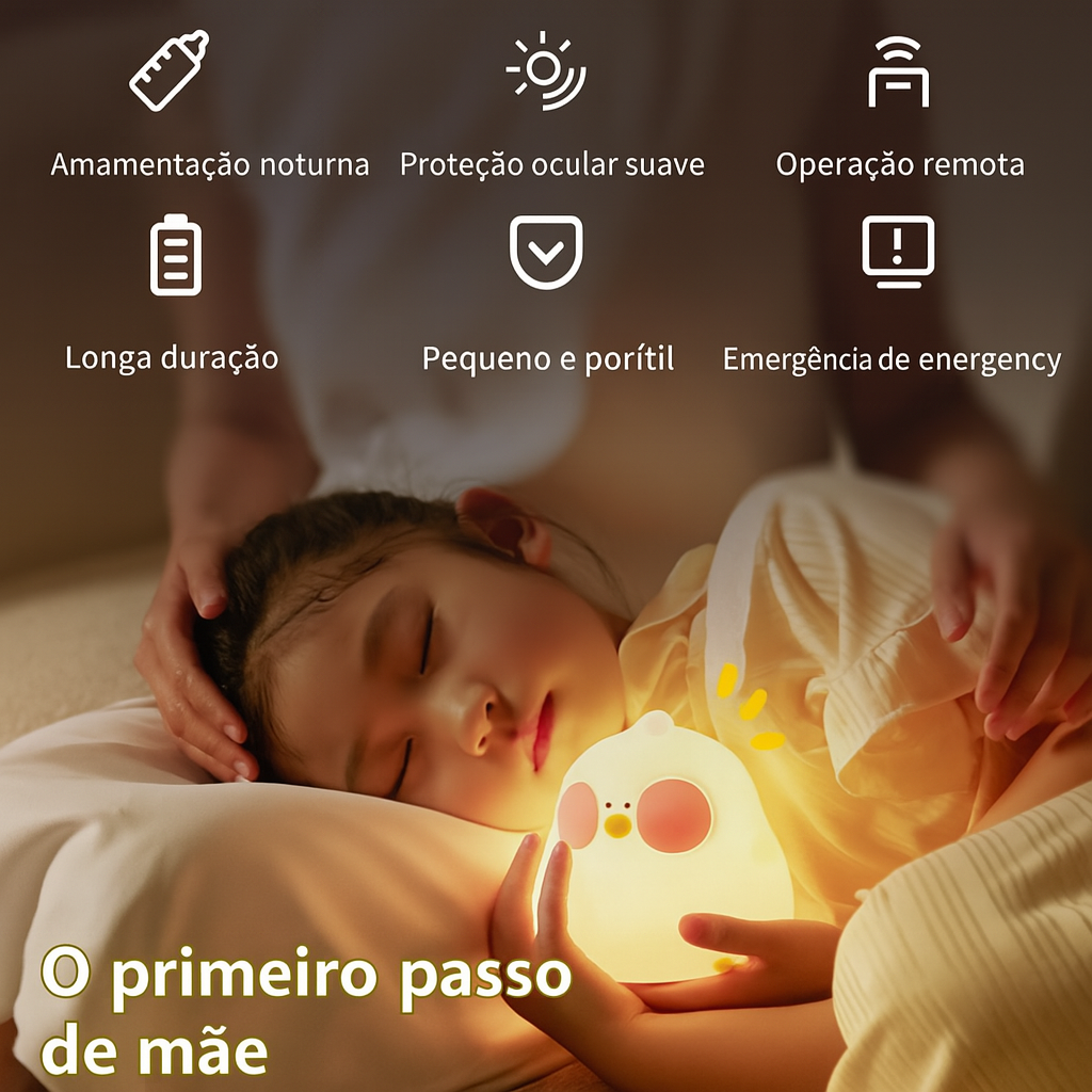 Luminária LED Galinha em silicone branco, luz quente, toque interativo, perfeita para quartos infantis, segura e divertida.