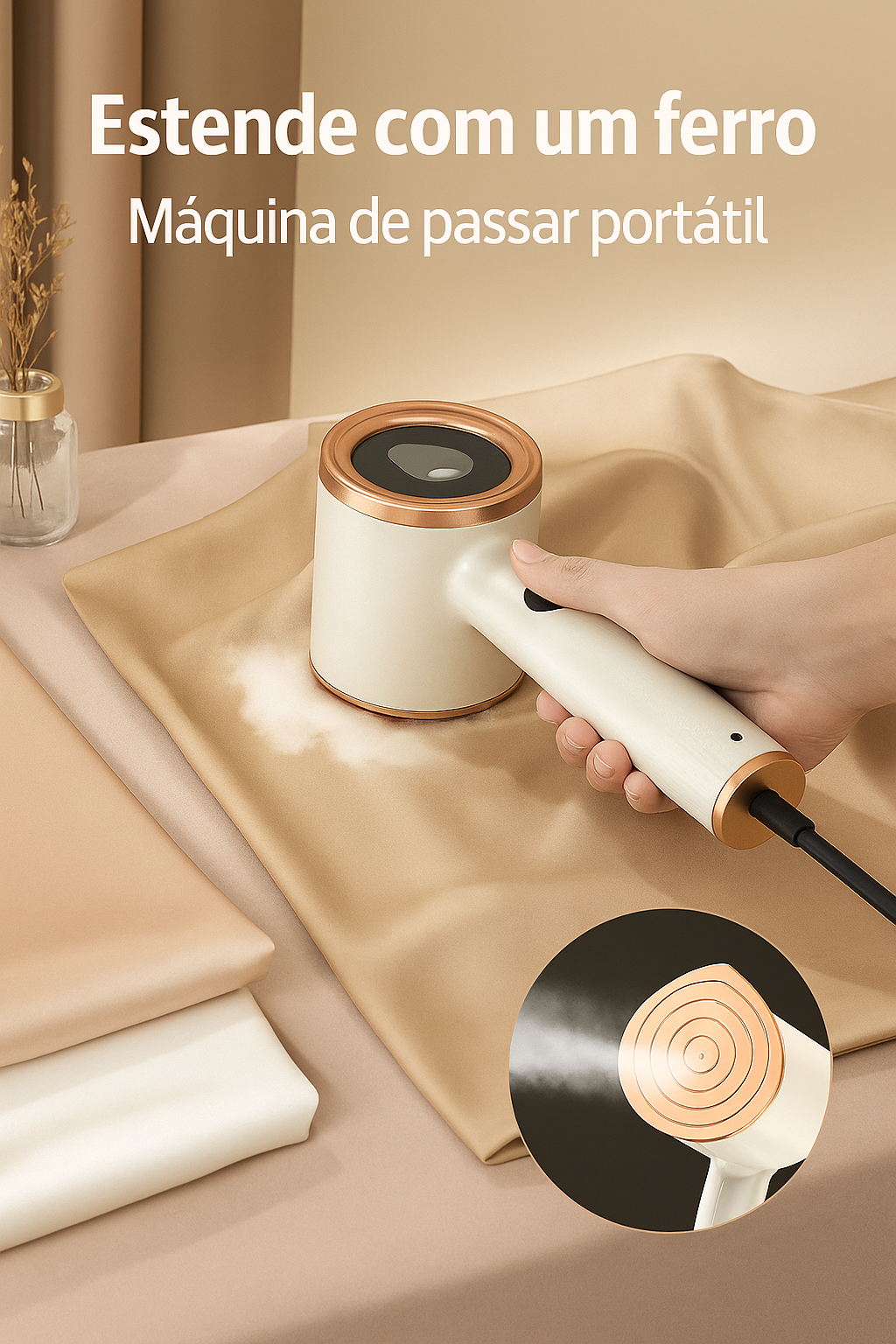 Máquina de passar roupa portátil com vapor seco e úmido. Compacta, leve e ideal para uso suspenso em viagens ou no dia a dia.
