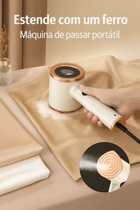 Máquina de passar roupa portátil com vapor seco e úmido. Compacta, leve e ideal para uso suspenso em viagens ou no dia a dia.