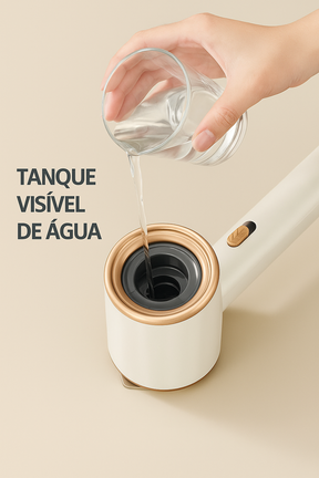 Máquina de passar roupa portátil com vapor seco e úmido. Compacta, leve e ideal para uso suspenso em viagens ou no dia a dia.