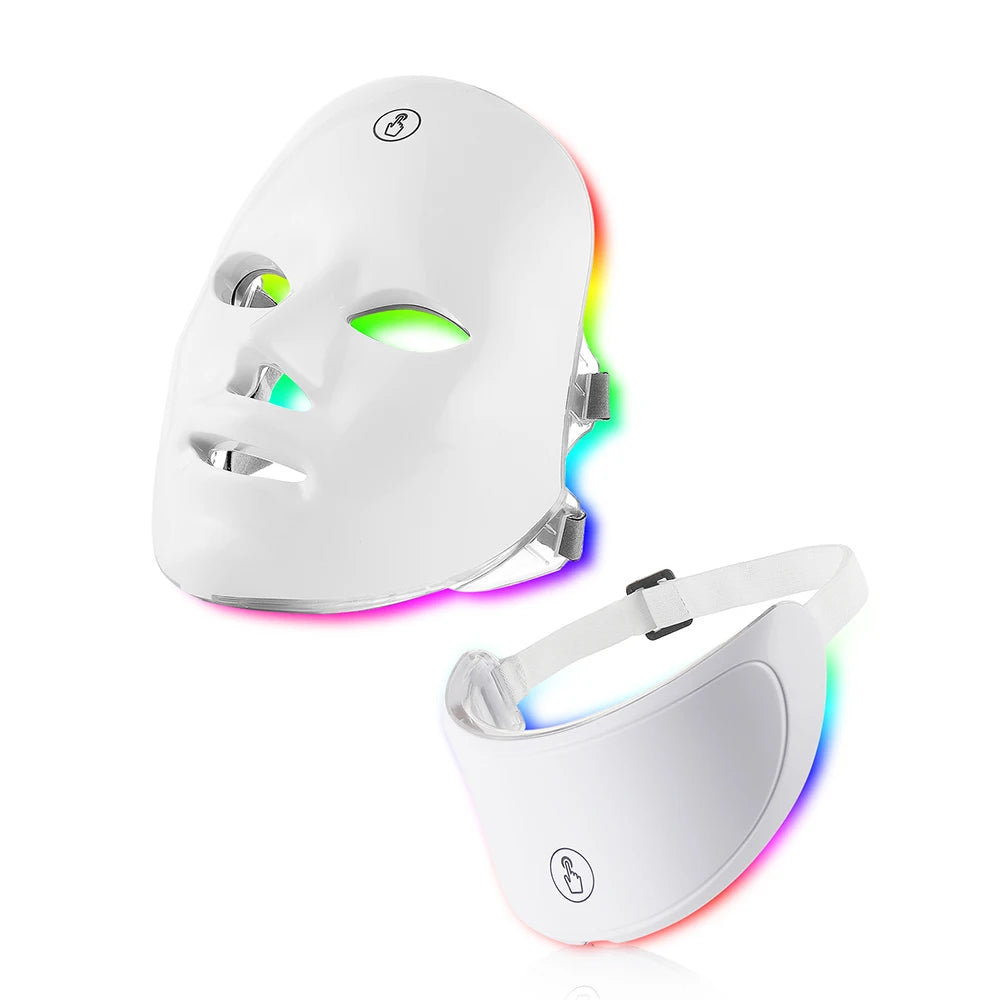 Máscara de LED multicolorida para modelagem facial e cuidados com a pele.