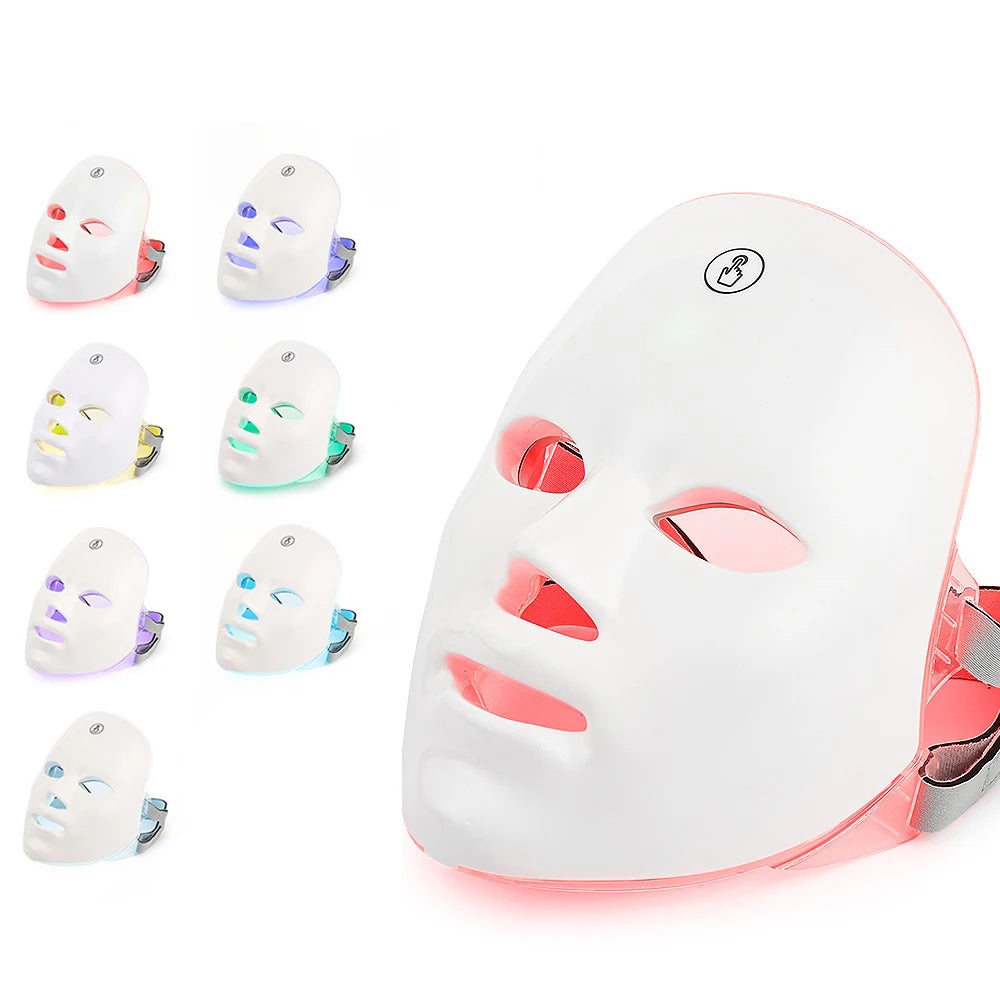 Máscara de LED multicolorida para modelagem facial e cuidados com a pele.