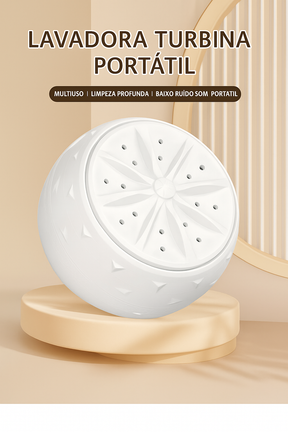Mini lavadora elétrica turbo portátil com rotação 360°, ideal para louças leves e roupas íntimas. Funciona via USB em pias ou baldes.