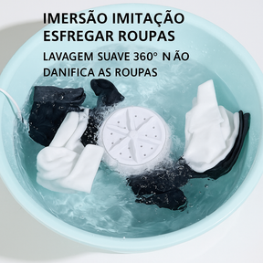 Mini lavadora elétrica turbo portátil com rotação 360°, ideal para louças leves e roupas íntimas. Funciona via USB em pias ou baldes.
