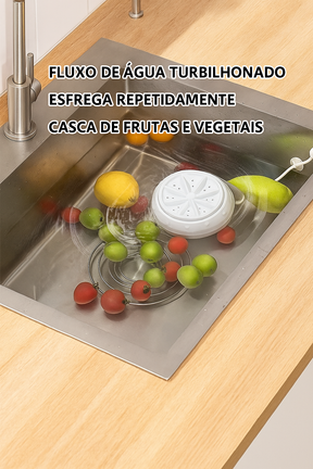 Mini lavadora elétrica turbo portátil com rotação 360°, ideal para louças leves e roupas íntimas. Funciona via USB em pias ou baldes.