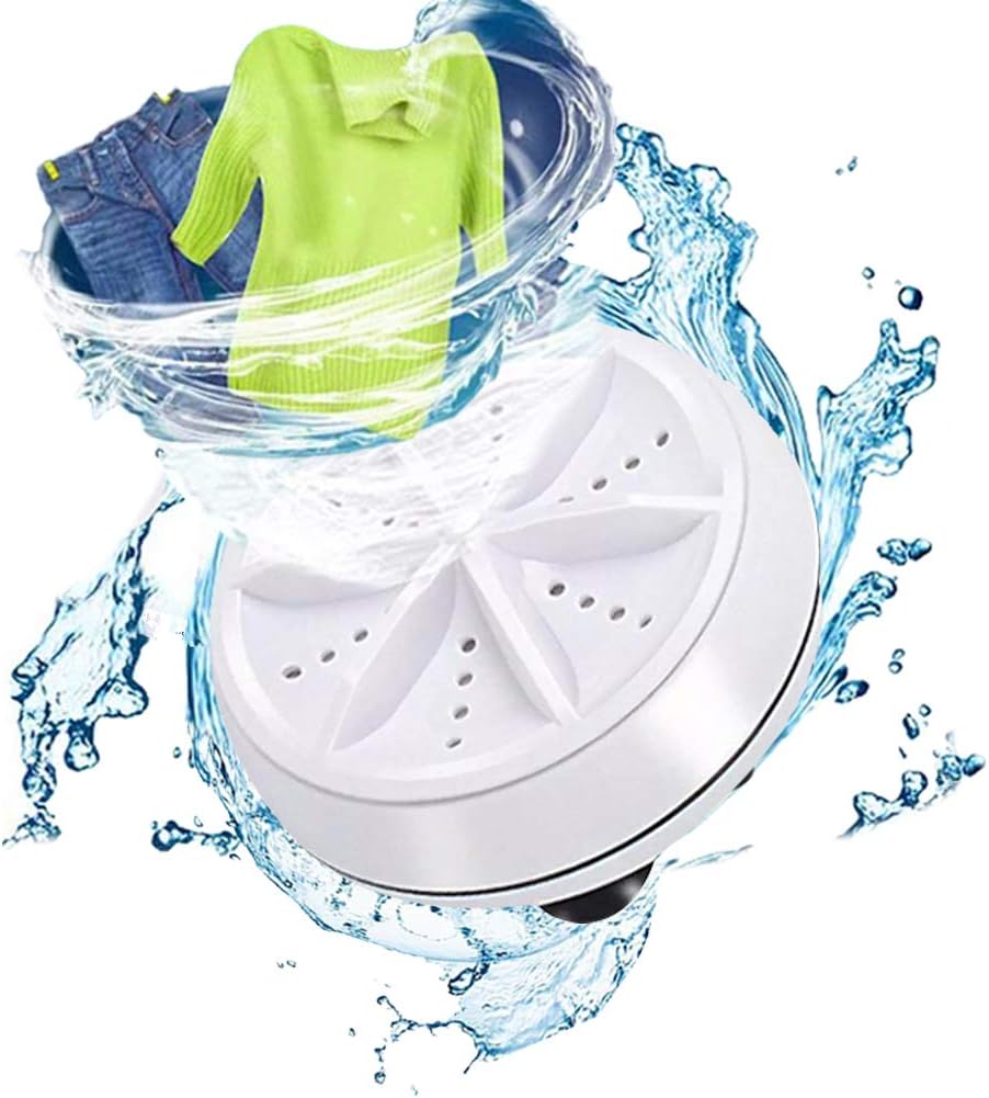 Mini lavadora elétrica turbo portátil com rotação 360°, ideal para louças leves e roupas íntimas. Funciona via USB em pias ou baldes.