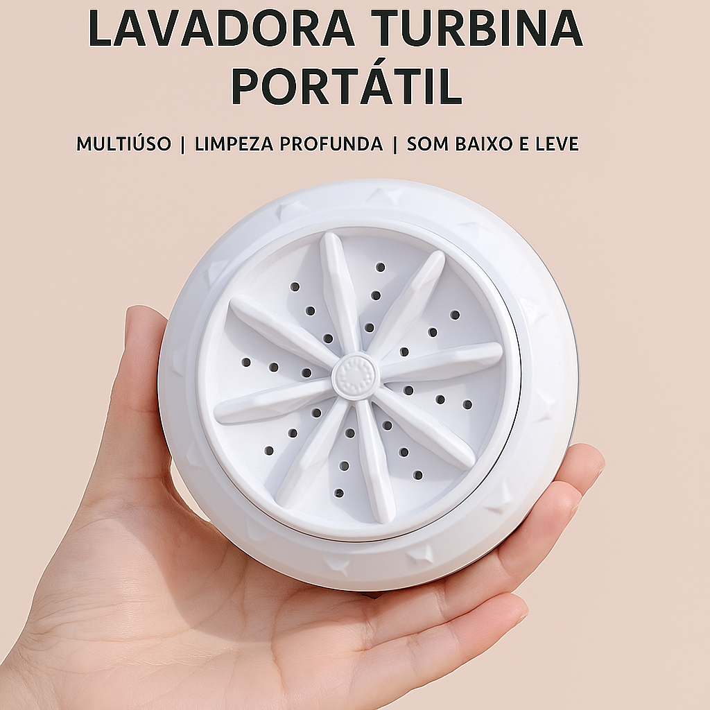 Mini lavadora elétrica turbo portátil com rotação 360°, ideal para louças leves e roupas íntimas. Funciona via USB em pias ou baldes.