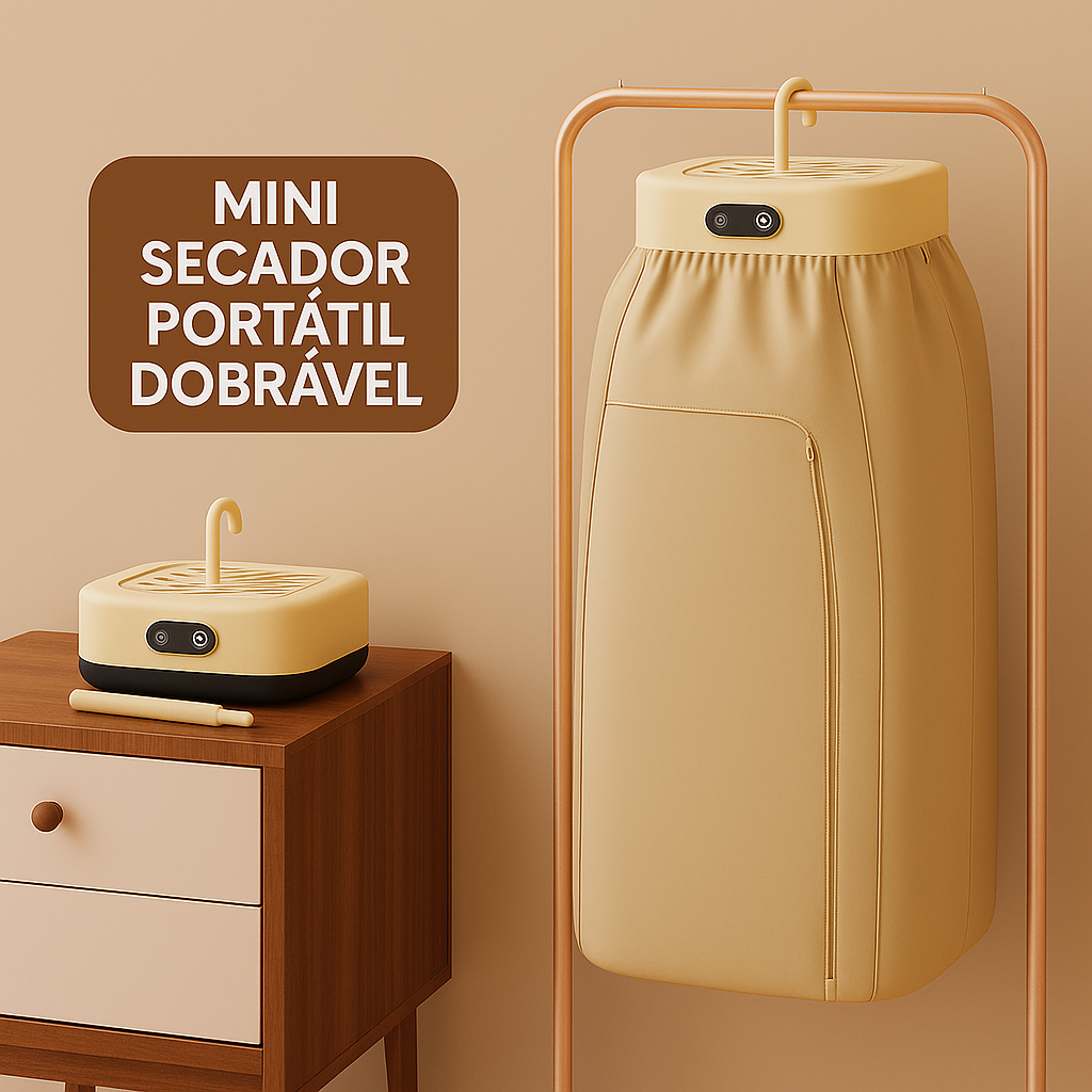 Mini secador portátil dobrável com bico direcionador, ideal para secagem rápida em casa ou viagens. Compacto, leve e com controle de temperatura.