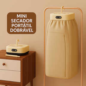 Mini secador portátil dobrável com bico direcionador, ideal para secagem rápida em casa ou viagens. Compacto, leve e com controle de temperatura.