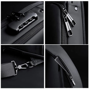 Mochila antifurto com trava por senha, porta USB para carregamento e compartimentos acolchoados para notebook, ideal para trabalho ou viagens