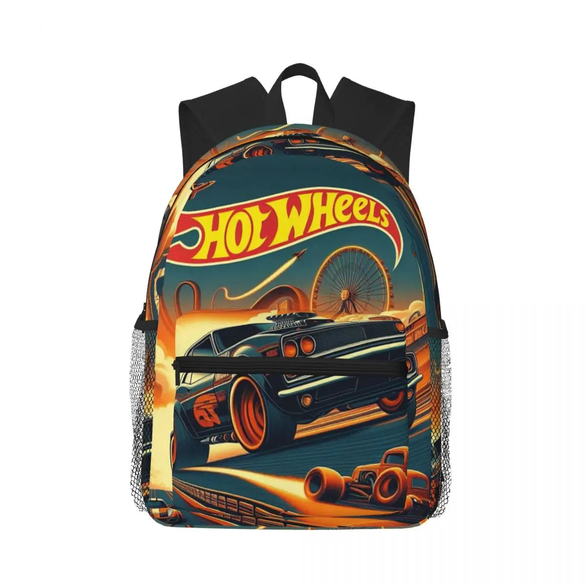 Mochila Hot Wheels infantil com estampa de carrinhos de corrida, material poliéster resistente, alças acolchoadas, bolsos laterais e design estilizado, perfeita para escola.