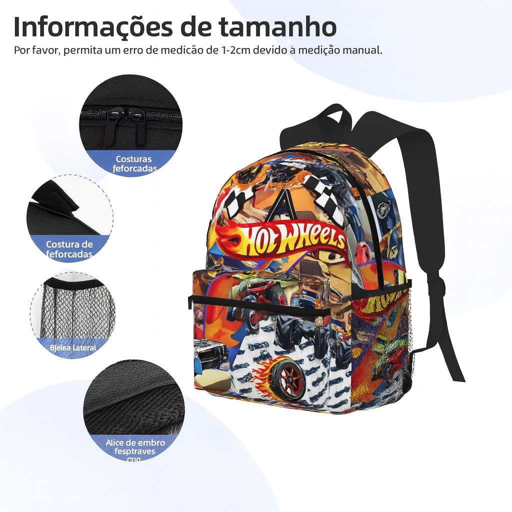 Mochila Hot Wheels infantil com estampa de carrinhos de corrida, material poliéster resistente, alças acolchoadas, bolsos laterais e design estilizado, perfeita para escola.