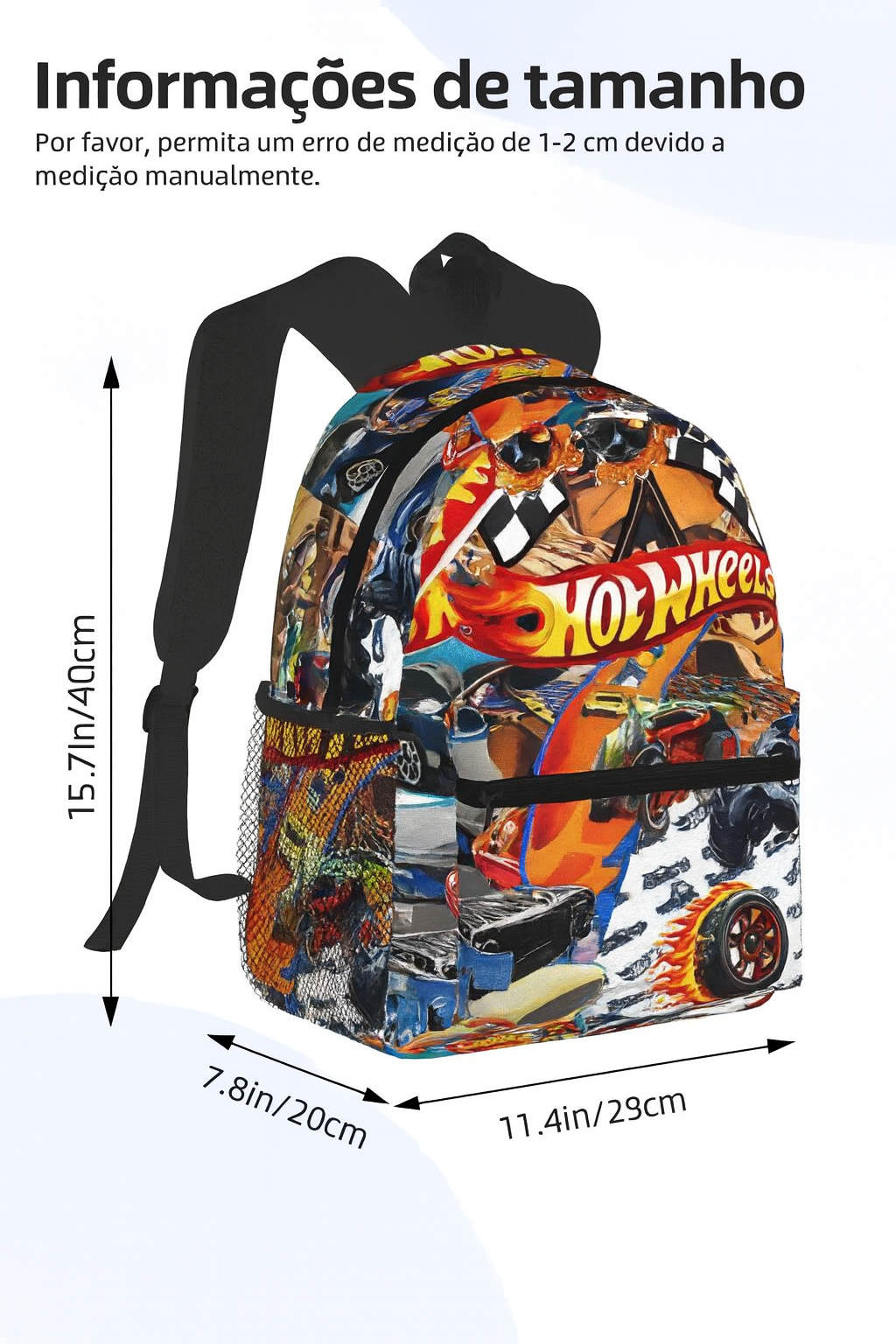 Mochila Hot Wheels infantil com estampa de carrinhos de corrida, material poliéster resistente, alças acolchoadas, bolsos laterais e design estilizado, perfeita para escola.
