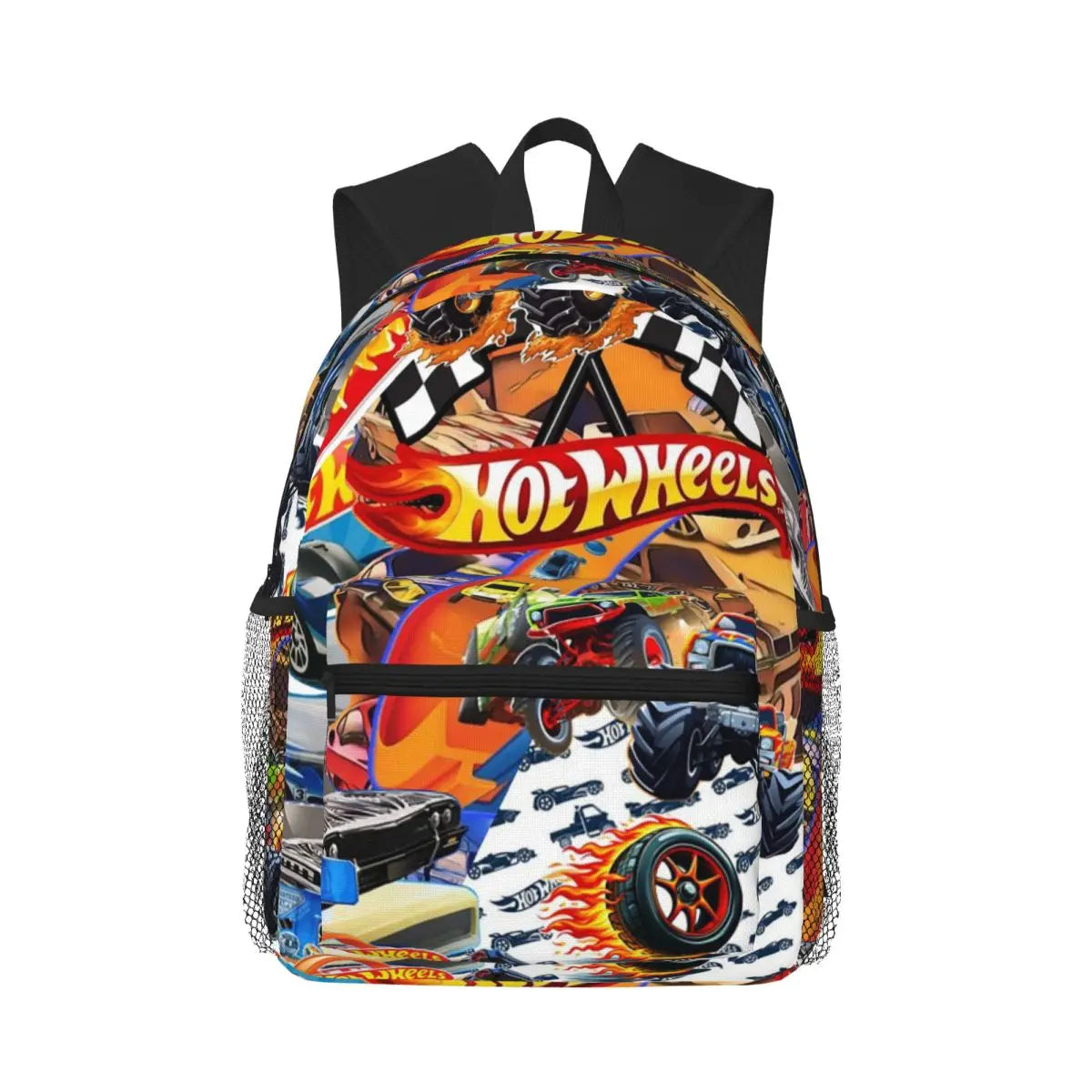 Mochila Hot Wheels infantil com estampa de carrinhos de corrida, material poliéster resistente, alças acolchoadas, bolsos laterais e design estilizado, perfeita para escola.