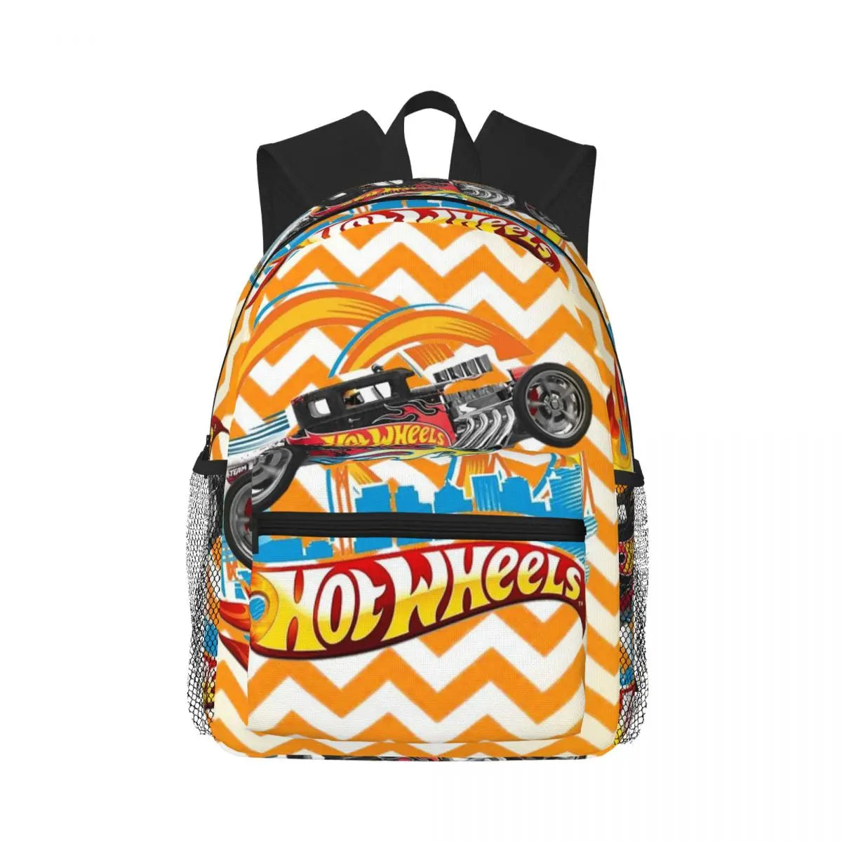 Mochila Hot Wheels infantil com estampa de carrinhos de corrida, material poliéster resistente, alças acolchoadas, bolsos laterais e design estilizado, perfeita para escola.