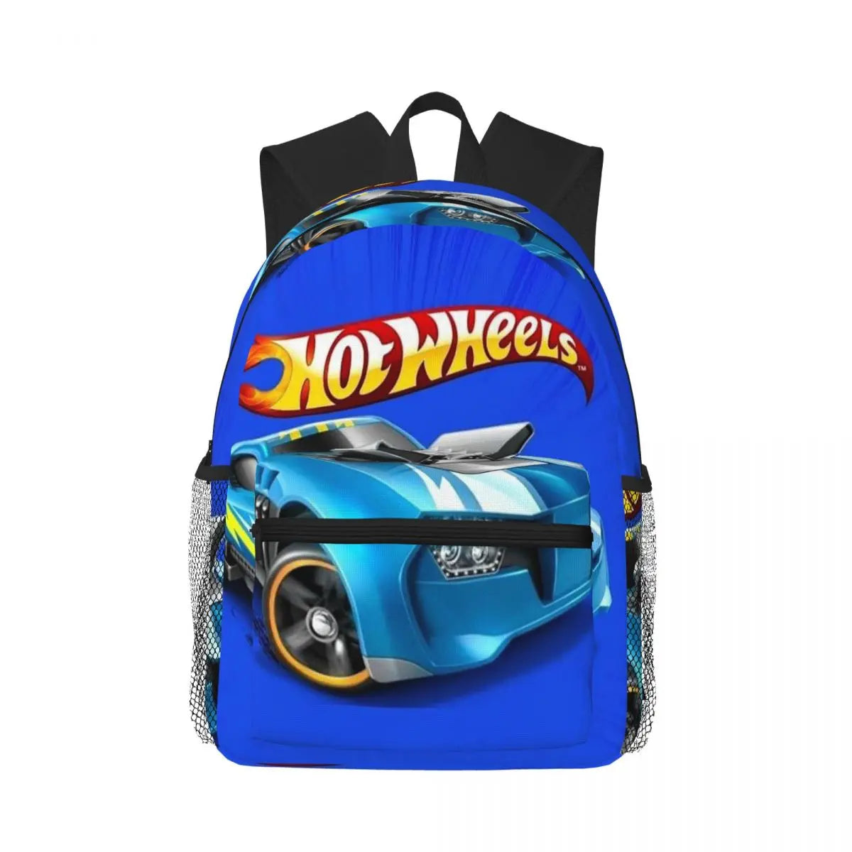 Mochila Hot Wheels infantil com estampa de carrinhos de corrida, material poliéster resistente, alças acolchoadas, bolsos laterais e design estilizado, perfeita para escola.