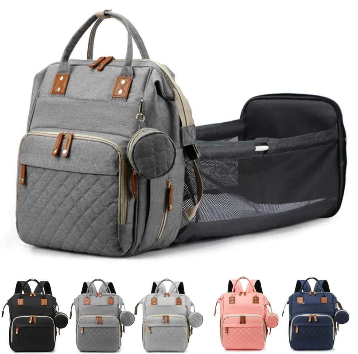 Mochila maternidade 3 em 1 que vira berço portátil prática e funcional.