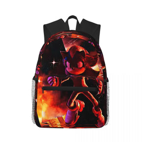 Mochila Sonic azul com ouriço hedgehog em pose dinâmica, alças acolchadas e detalhes 3D, perfeita para escola e fãs de games.