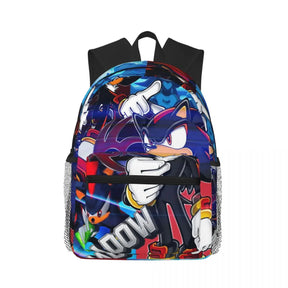 Mochila Sonic azul com ouriço hedgehog em pose dinâmica, alças acolchadas e detalhes 3D, perfeita para escola e fãs de games.