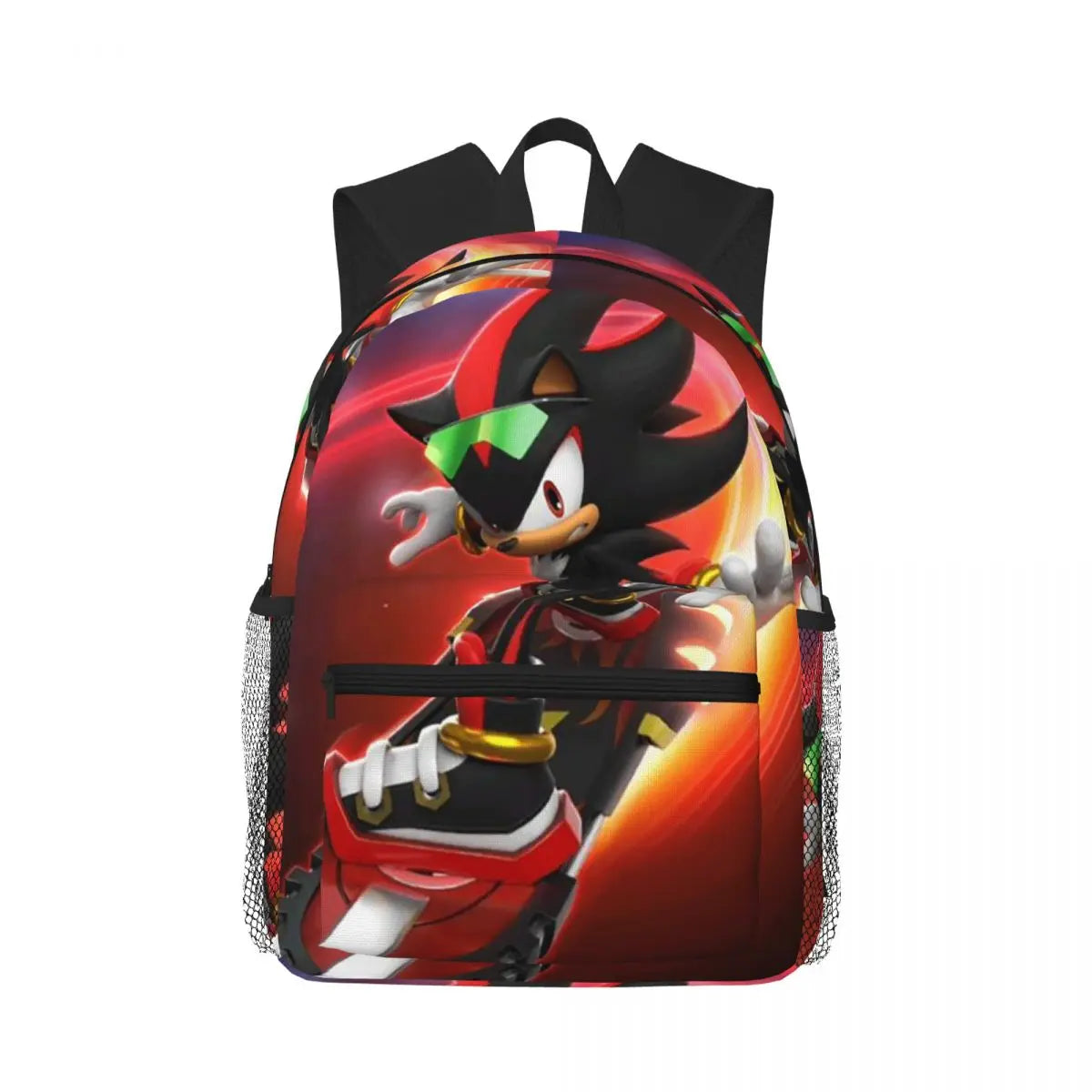 Mochila Sonic azul com ouriço hedgehog em pose dinâmica, alças acolchadas e detalhes 3D, perfeita para escola e fãs de games.
