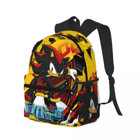 Mochila Sonic azul com ouriço hedgehog em pose dinâmica, alças acolchadas e detalhes 3D, perfeita para escola e fãs de games.