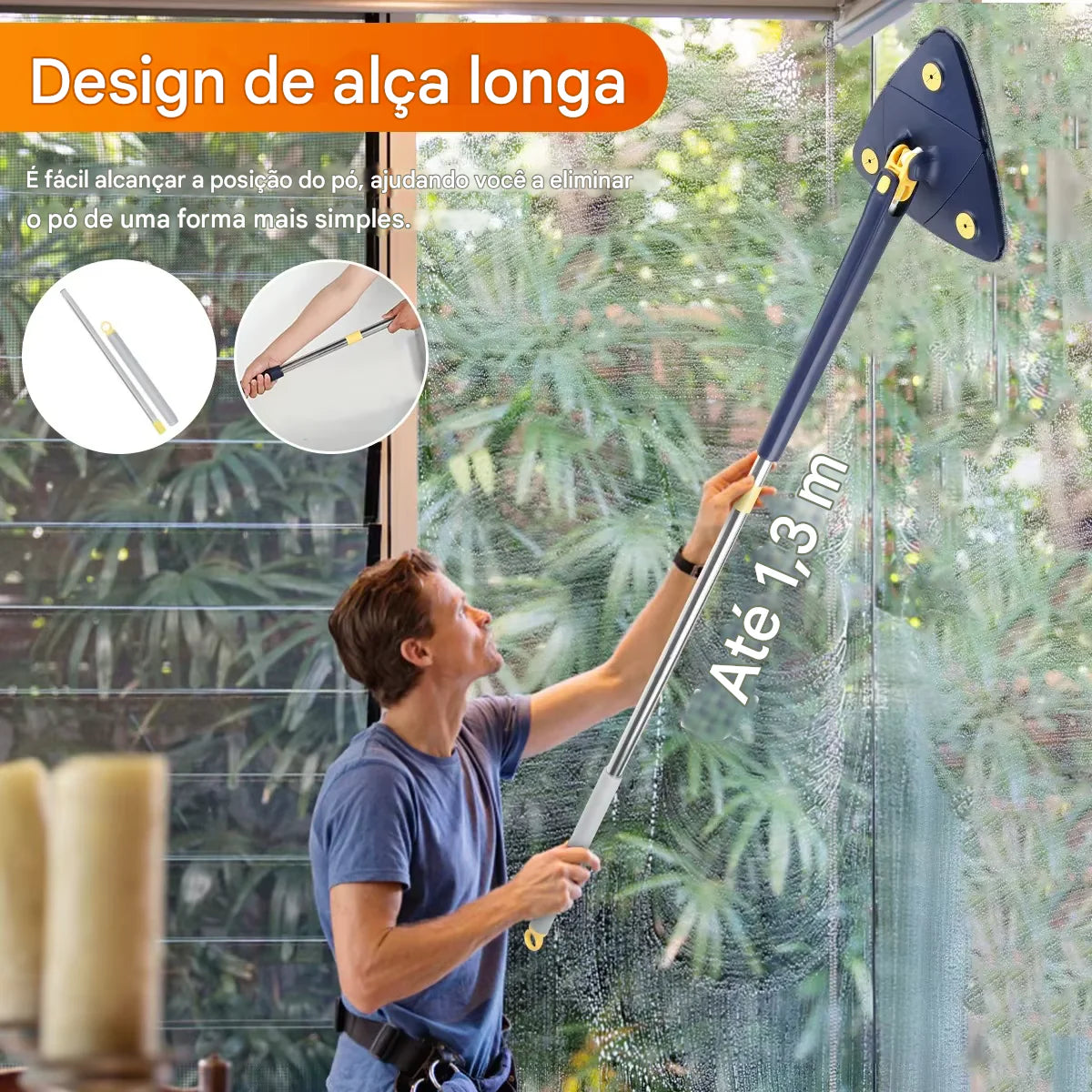 Mop giratório com balde centrífugo, cabo ergonômico e refil de microfibra. Ideal para limpeza profunda sem esforço em qualquer tipo de piso.