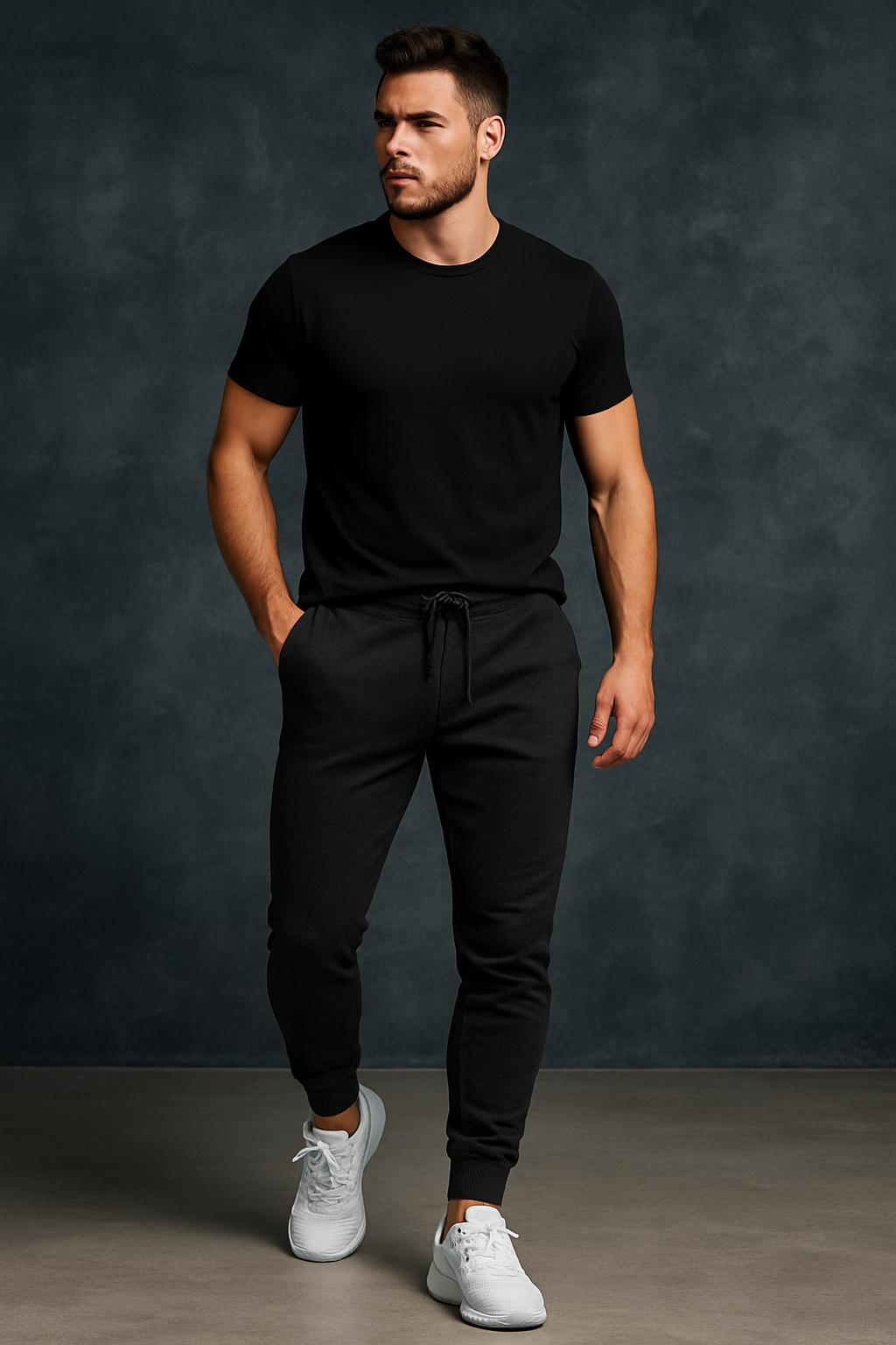 Calça Jogger SoftFit masculina em algodão, com bolsos, cós ajustável e punhos nas barras. Visual moderno e confortável para o dia a dia.