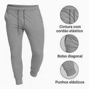 Calça Jogger SoftFit masculina em algodão, com bolsos, cós ajustável e punhos nas barras. Visual moderno e confortável para o dia a dia.