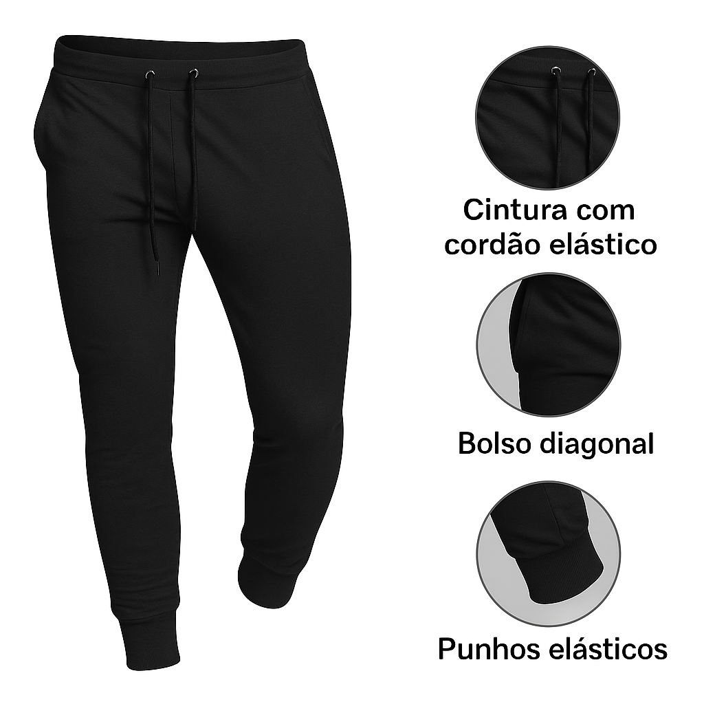 Calça Jogger SoftFit masculina em algodão, com bolsos, cós ajustável e punhos nas barras. Visual moderno e confortável para o dia a dia.